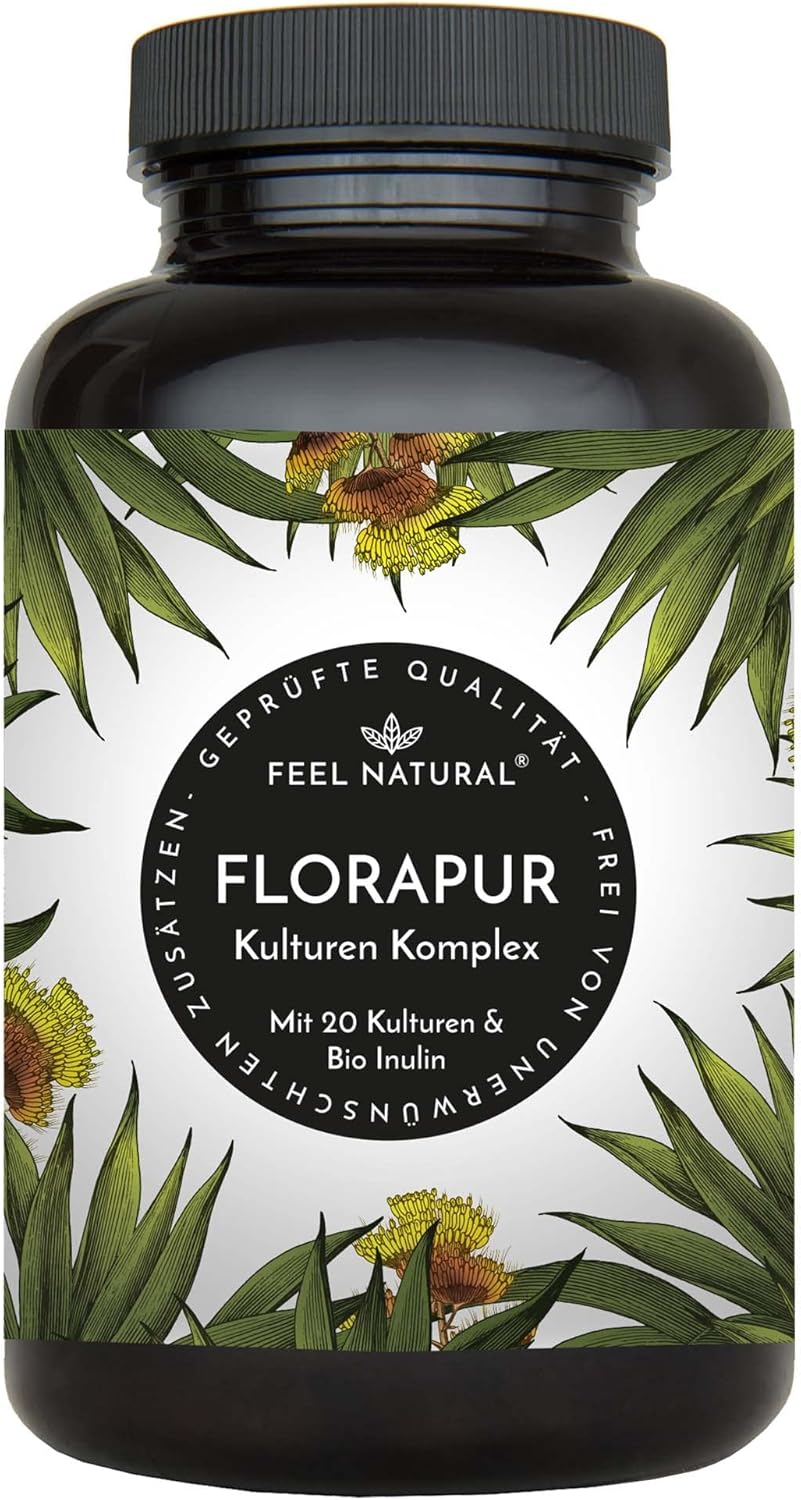 Florapur Cultures Complex complex Cultures – 18 Strains Of Bacteria 180 Vegan Enteric Coated Capsules. No Unwanted Additives. Laboratory Tested Vegan And Made In Germany