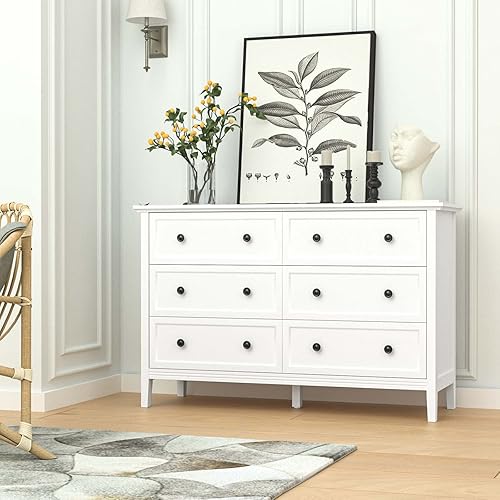 Miniatura 3 de JOZZBY Cómoda blanca, cómoda de 6 cajones dobles para dormitorio con asas dobles de metal, aparadores de madera con cajones profundos para dormitorio