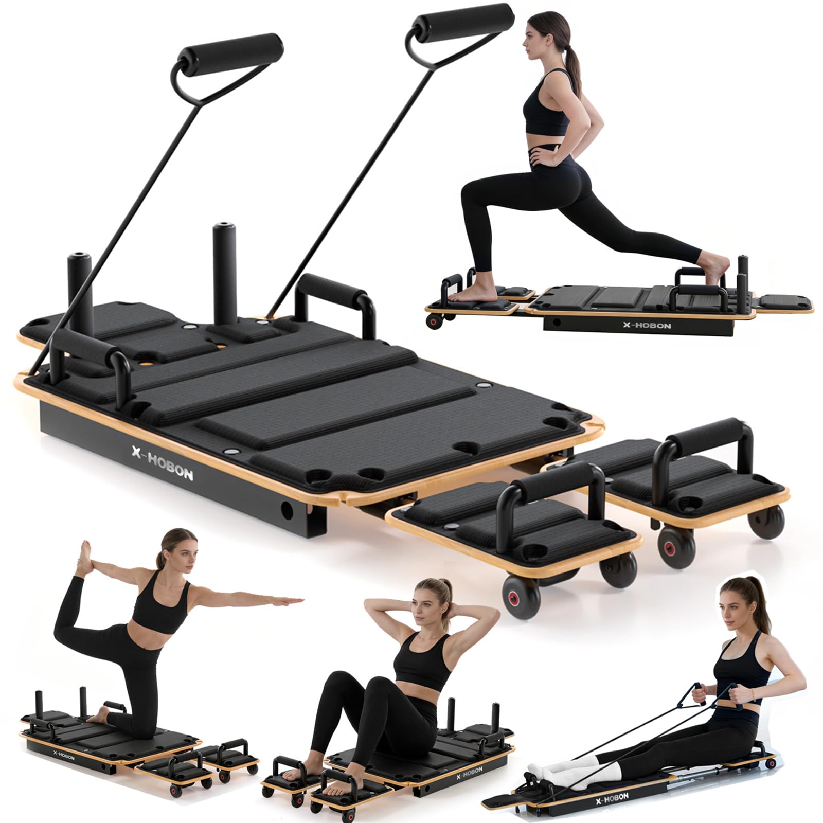 Pilates Board Reformer for Home Workout, Reformer Board, Glide Board, Sliding Rails, Maple Wood Deck & High-Strength Steel Rails, Adjustable Resistance Bands, PU Wheels, Quick Assembly