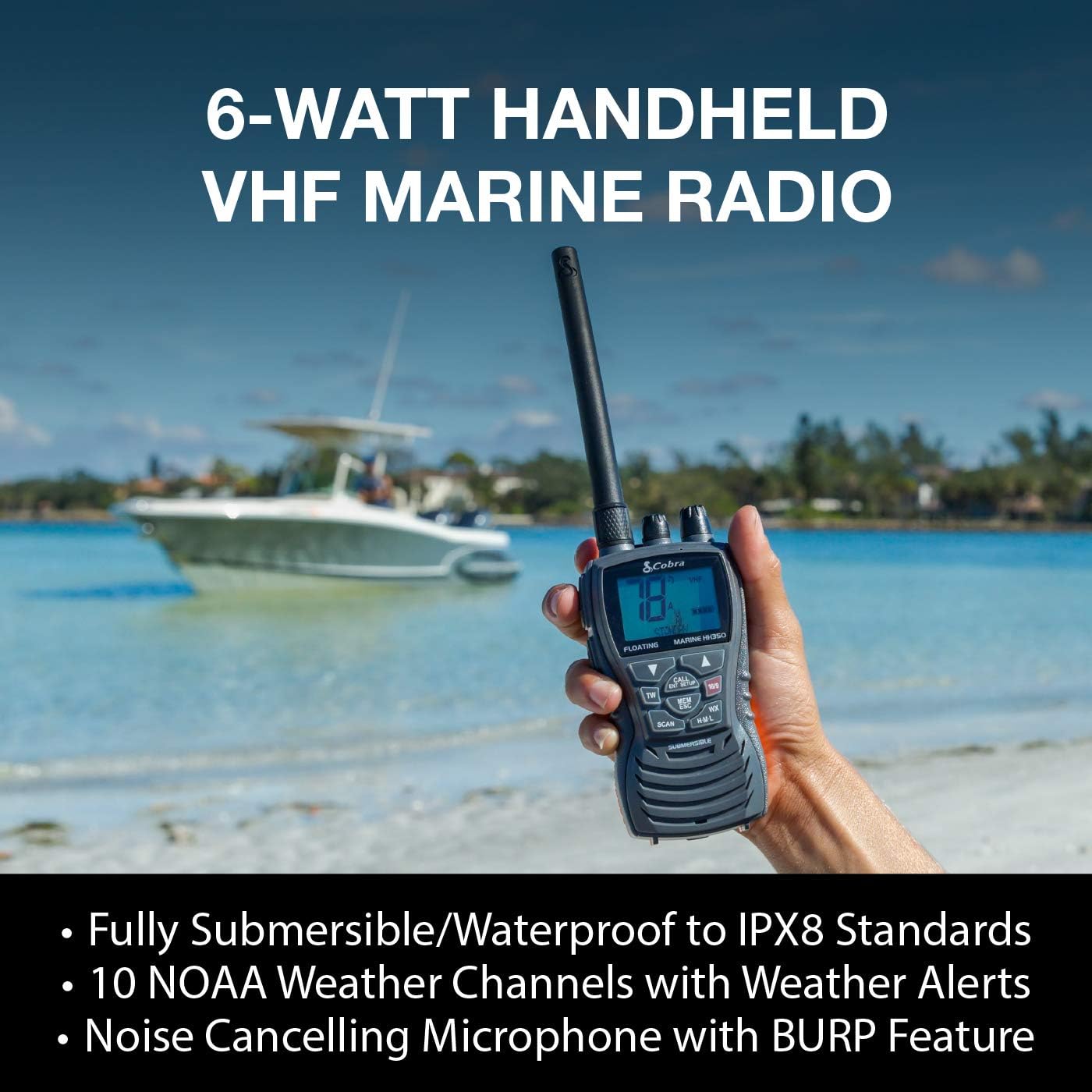 Black Friday Clearance Cobra MR HH350 FLT Handheld Floating VHF Radio – 6 Watt, Submersible, Noise Cancelling Mic, Backlit LCD Display, NOAA Weather, Memory Scan, Grey