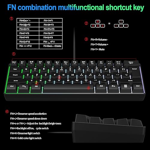 Miniatura 5 de Teclado de memoria para juegos RGB con cable. 60% Mini teclado de computadora LED cremoso. Teclado ergonómico pequeño con teclas inreemplazables