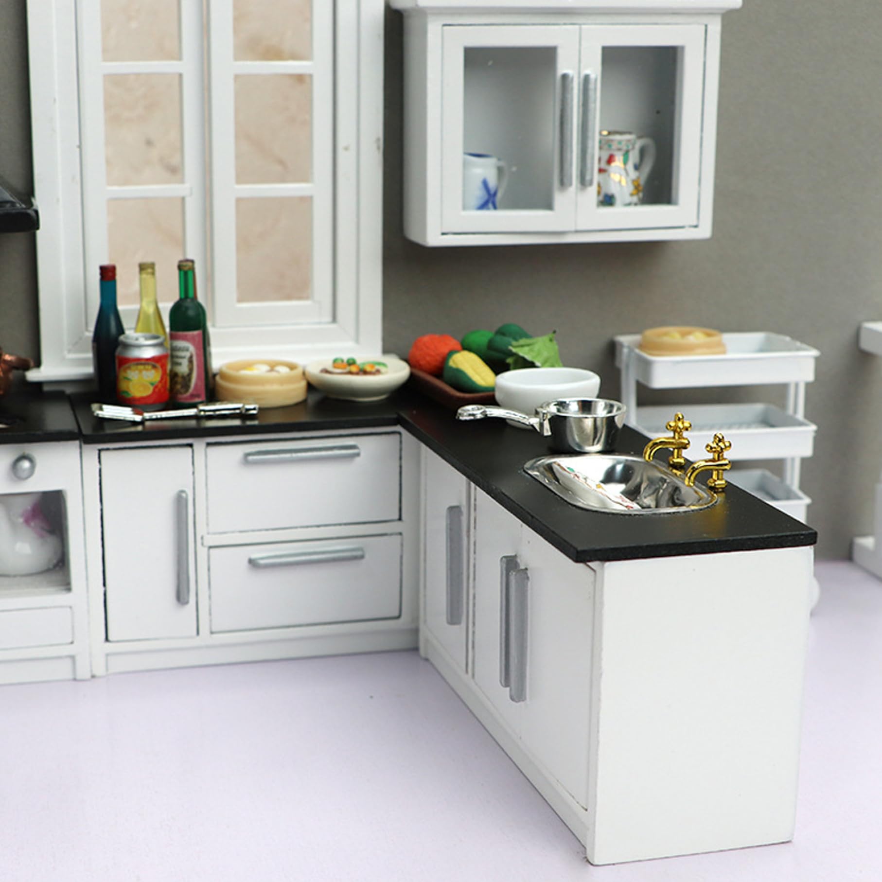 Cucina per casa delle Bambole, 7 Pezzi/Set 1 mobili per casa delle Bambole in Legno in Scala 12, Accessori per Miniatura di Simulazione