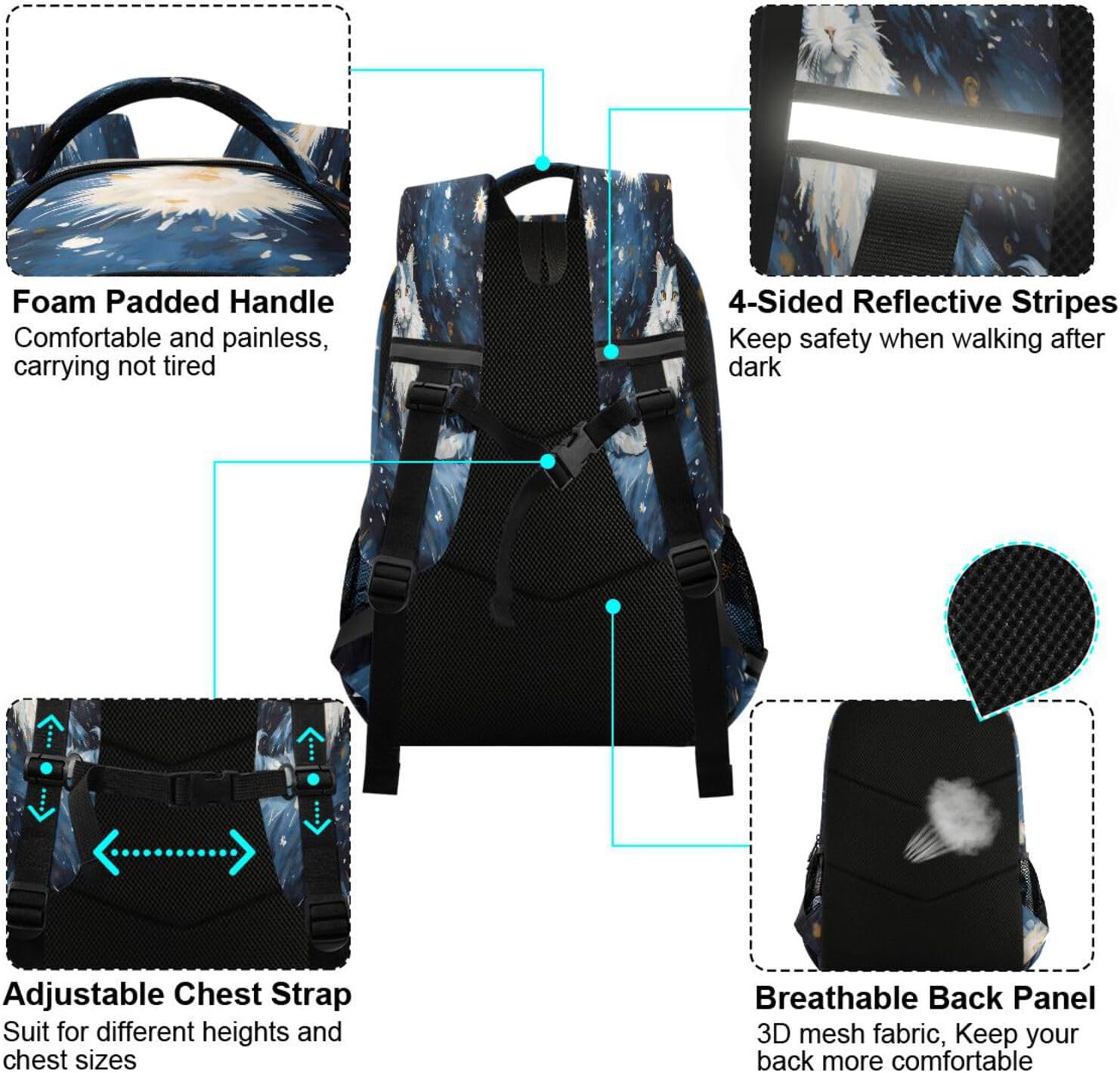 ALAZA Cat Blue Oil Painting Backpacks Travel Laptop Daypack School Book Bag for Men Women Teens Kids