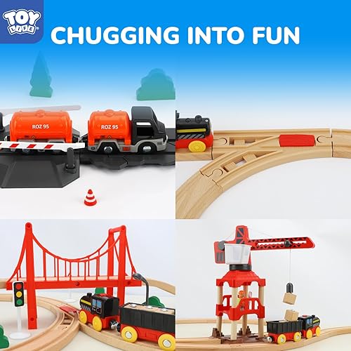 Miniatura 4 de TOY Life Juego de tren de 81 piezas con grúa y locomotora, juguete de tren de madera para niños y niñas de 3, 4, 5, juguetes de madera, regalo para