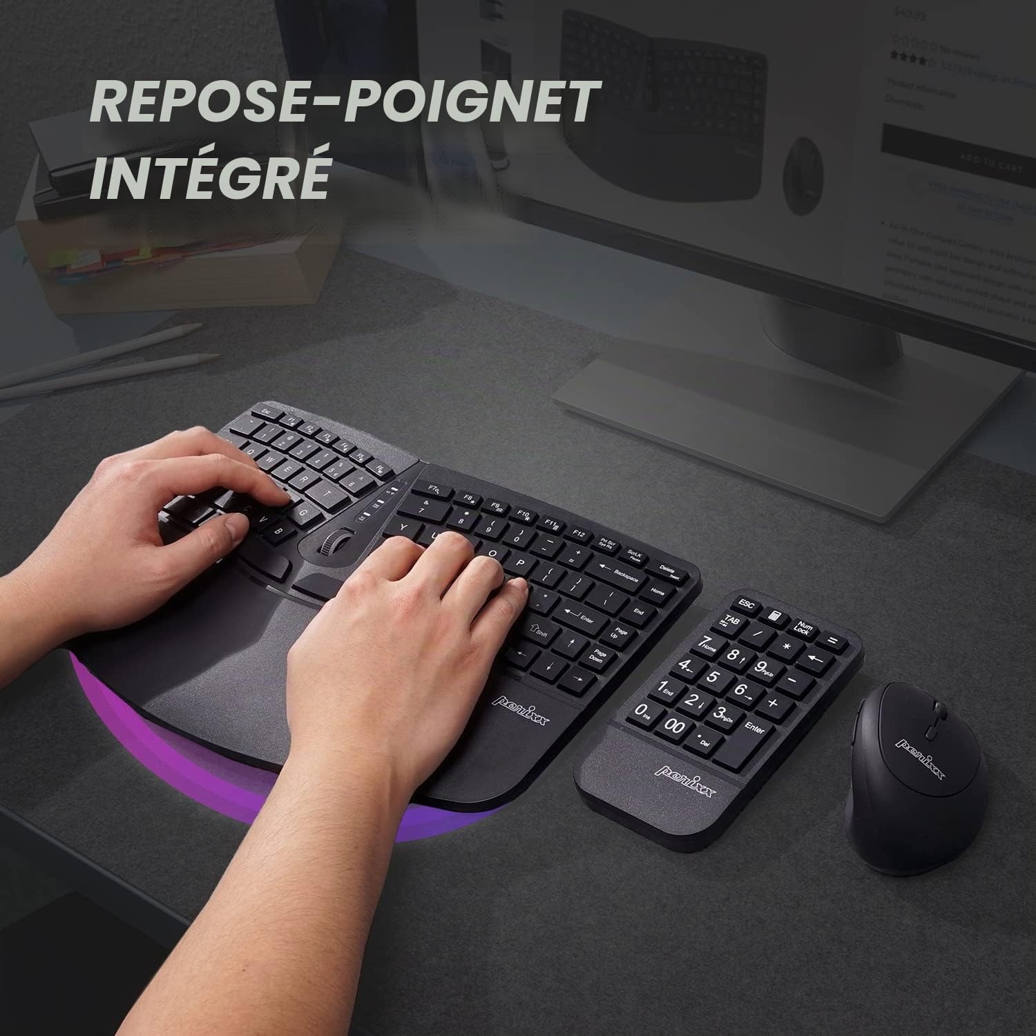 Perixx Kit de clavier ergonomique sans fil PERIDUO-606A - Design divisé compact avec souris verticale et pavé numérique externe - angles de frappe réglables - UK QWERTY
