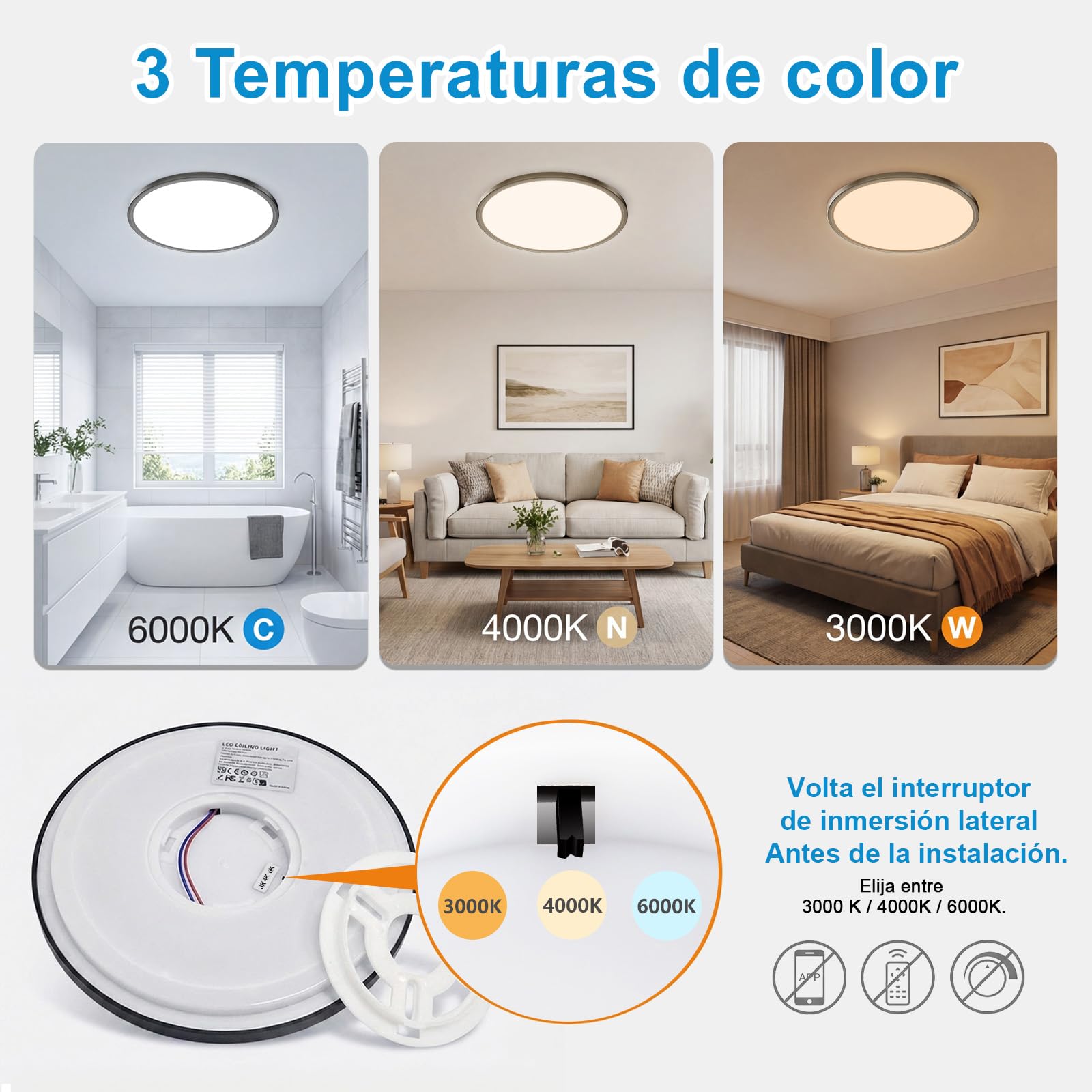 Yexati LED Deckenleuchte 36W 6000K/4000K/3000K, 3200LM IP54 Ultra Dünn Deckenlampe, Flach Rund Modern Badezimmer Lampe Schwarz Küchenlampe für Flur Schlafzimmer Balkon Wohnzimmer Küche Keller Ø40CM