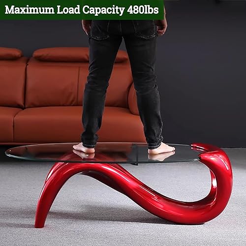 Miniatura 7 de HM&DX Mesa de centro ovalada de cristal, mesa de centro contemporánea para sala de estar, mesa auxiliar abstracta de vidrio transparente, mesa Rojo