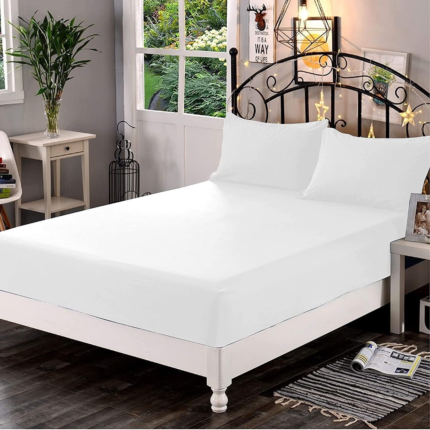 Nightzone White Night Zone Fitted Sheet 400 Thread Count 100% Egyptian Cotton Extra Deep 40Cm Sateen Hotel Quality Bedding Fitted Sheet (, Double)