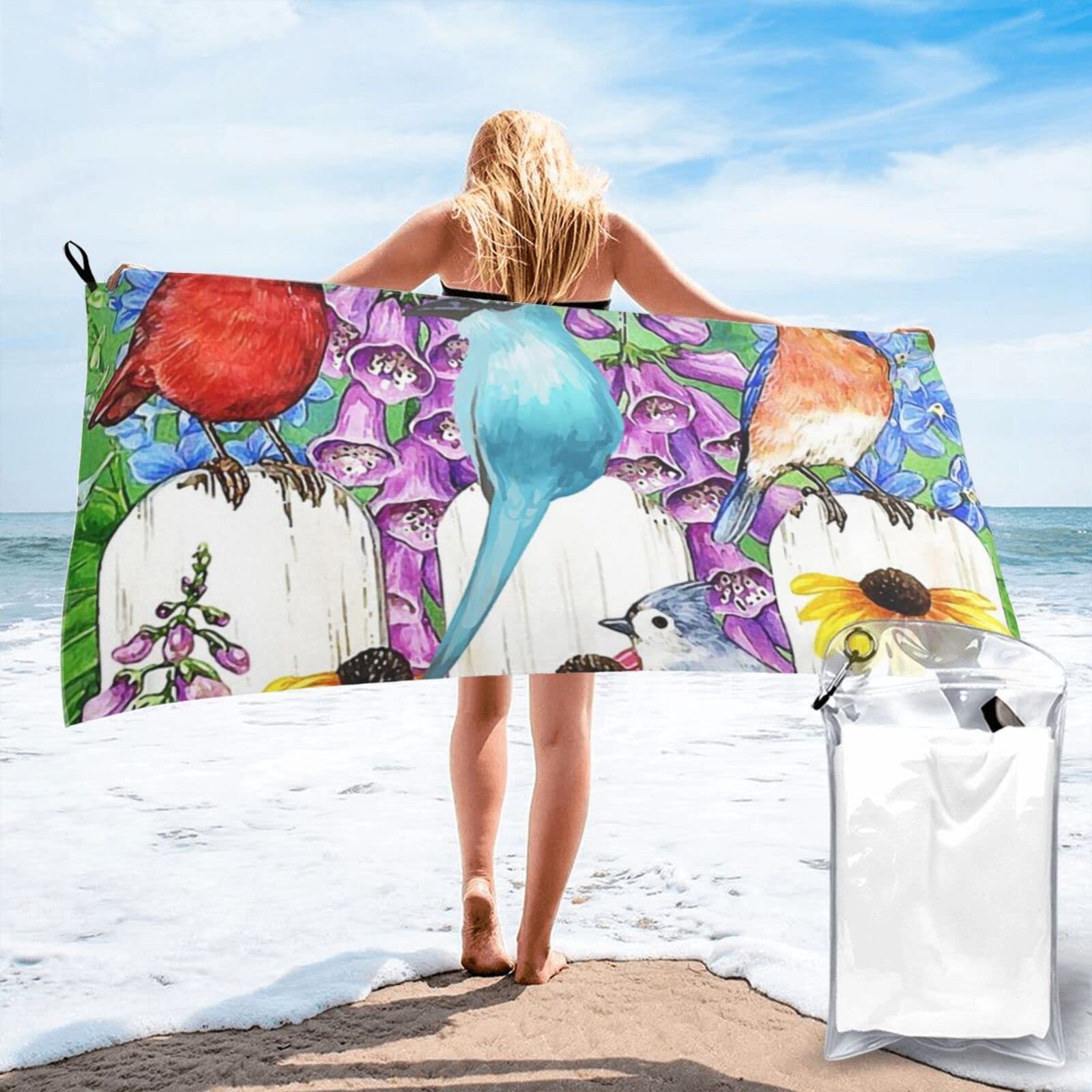 Lawenp Flowers and Birds Welcome Spring Microfiber Beach Towel Adults Large Quick Drying Bath Towel Travel Towels with Pouch 31.5"x63"