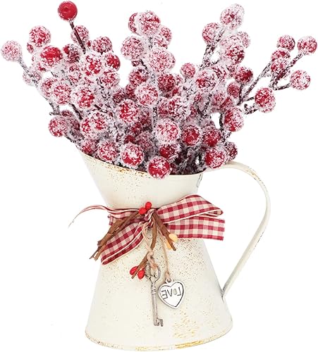 Miniatura 6 de 24 tallos artificiales de bayas de acebo de 9 pulgadas, pulverizadores de bayas rojas falsas nevadas para ramas de árbol de Navidad, adornos de San