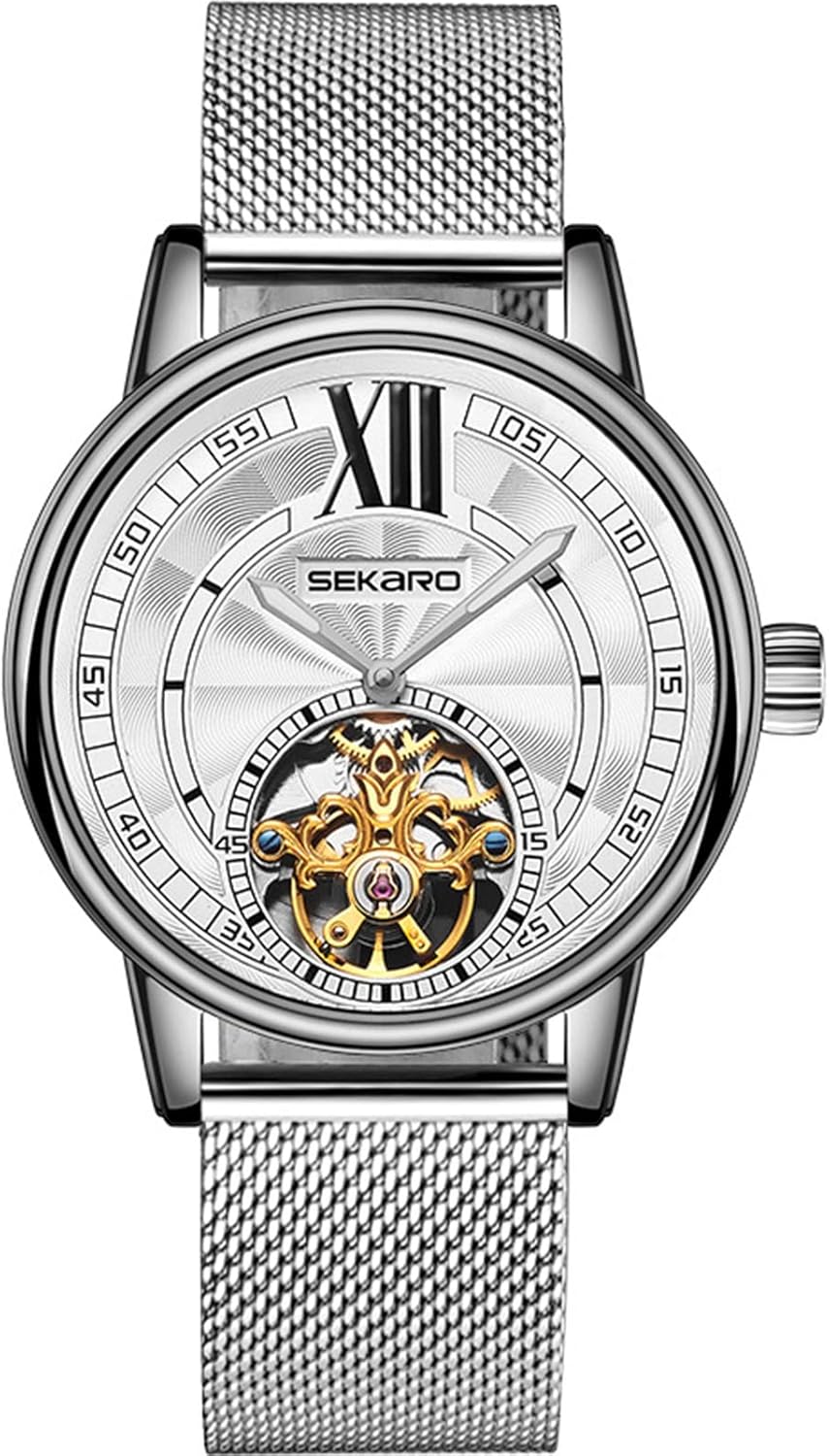 LTJXL Relojes para Hombre, Mecánico Diseño de Esqueleto Tourbillon Automático de Clásico Reloj Pulsera de Acero Inoxidable de Malla de Milán Impermeable,Plata