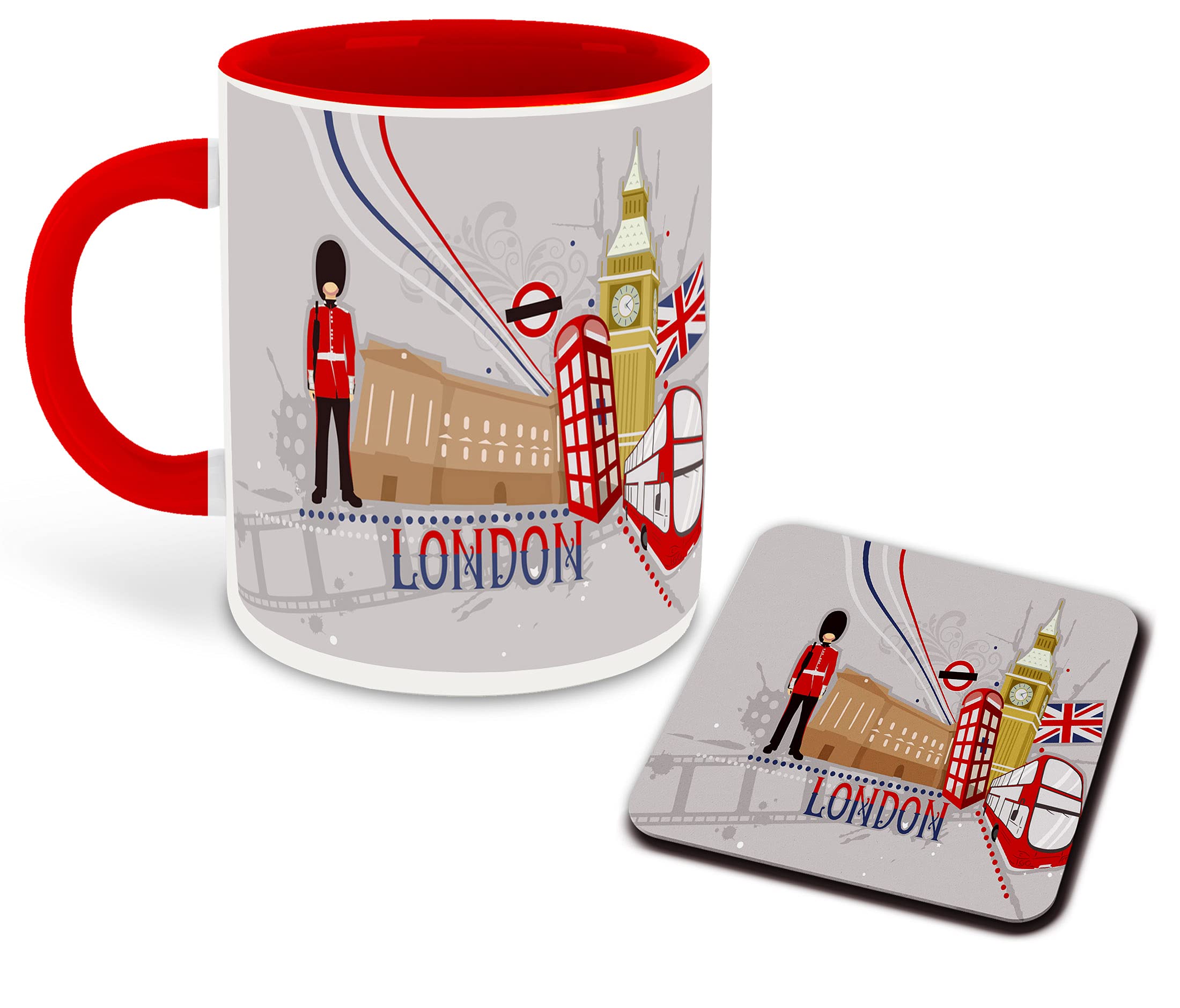 WHATS YOUR KICK® London Clipart Inspired Ceramic Red Inner Color Printed Ceramic Coffee Mug with Coaster (London, Big Ben, London City, Travel) Design-12