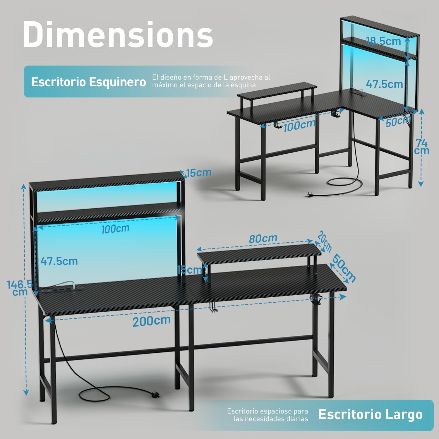 HLFURNIEU Mesa Gaming LED 150 x 100 cm, Escritorio Gaming en L con Enchufes y Puertos USB, Escritorio Esquinero con Estanteria, Mesa Gamer con Soporte para Monitor, Mesa Oficina Negro