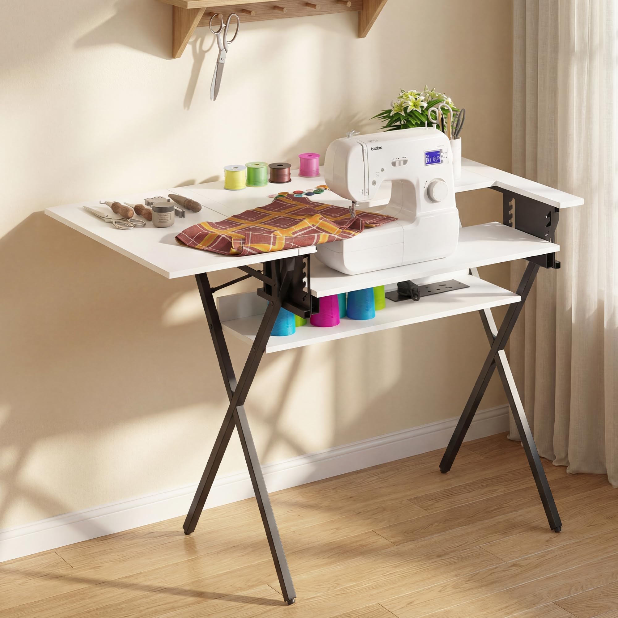 Sewing Table,2in1 Folding Hobby Craft Table with Charging Station,Sewing Machine Table with Foldable Side Shelf and Open Storage Shelf,Sewing Machine Cabinet Computer Desk Workstation for Home Office