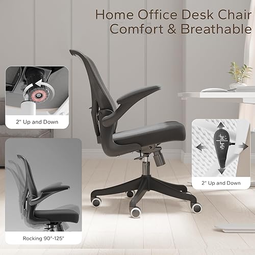 Miniatura 7 de Silla de oficina ergonómica con reposabrazos ajustables abatibles y soporte lumbar, silla de escritorio con cojín grueso con ruedas, silla de