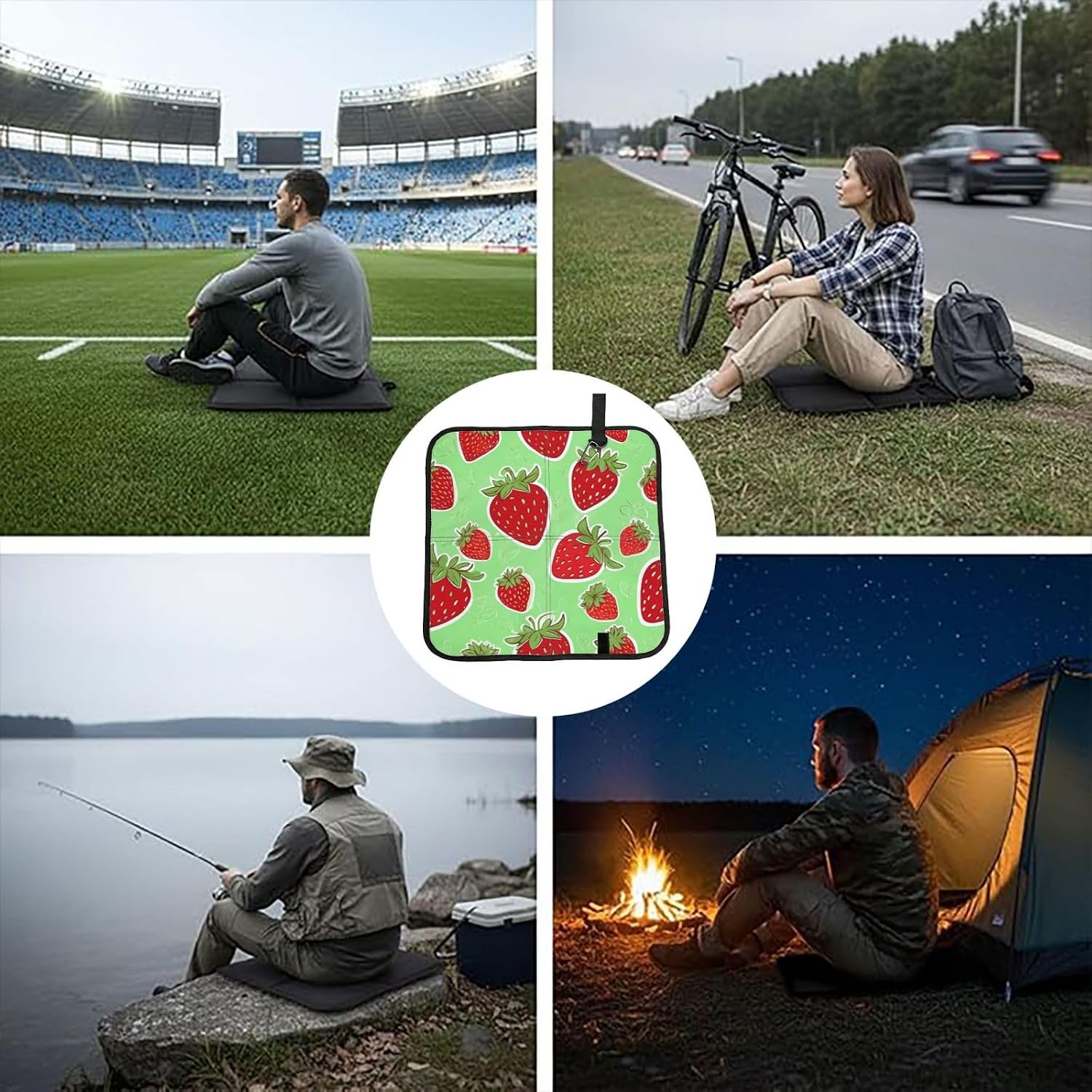 (Lovely Strawberry) Sitting Pad Foldable Seat Cushion Lightweight Camping Seat Mat with Hook for Outdoor Hiking Picnic Camping