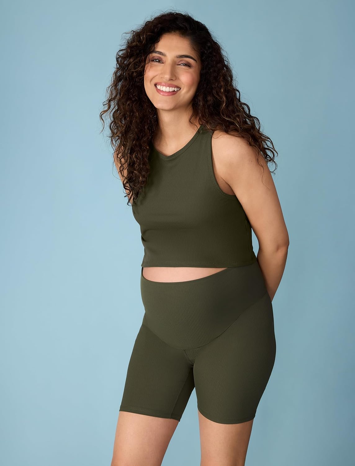 Motherhood Maternity Womens Over The Belly Ribbed Biker Pregnancy Workout Shorts - Image 3