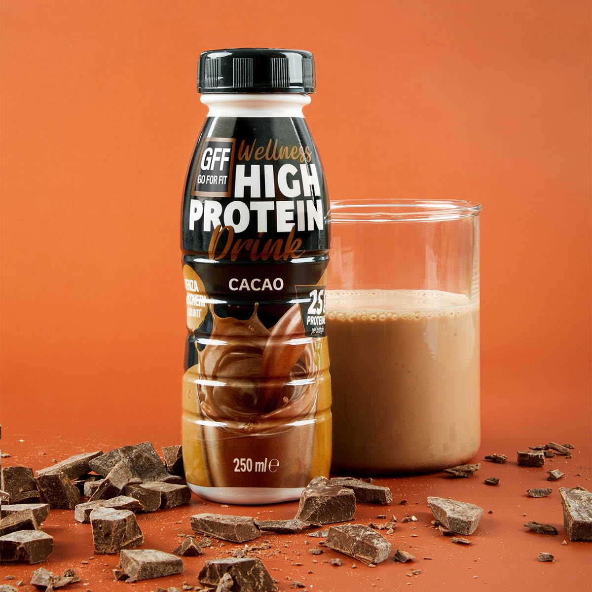 GFF Go For Fit | Drink Proteico Gusto Cacao, Bevanda a Base di Proteine del Latte, Basso Contenuto di Grassi e Senza Zuccheri Aggiunti, 12 x 250ml