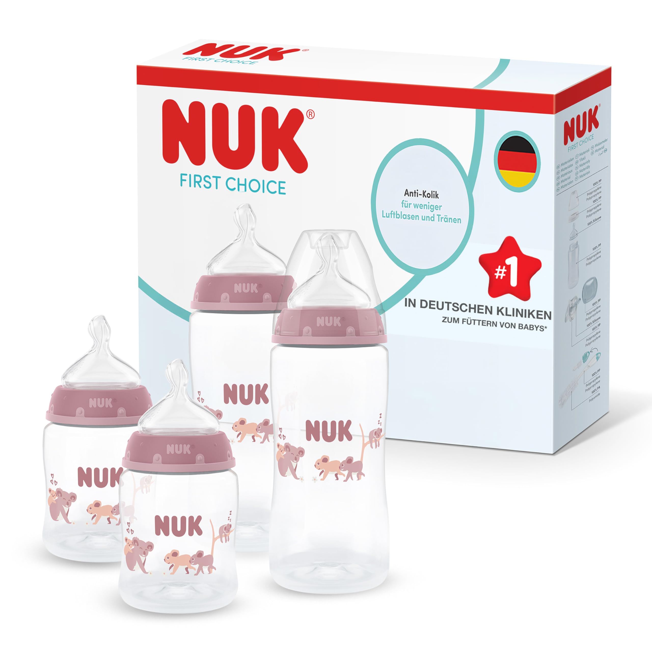 NUK First Choice Babyflaschen | 0-3+ Monate | 150ml & 300 ml | Anti-Kolik-Babyflasche | PP | Temperature Control Anzeige | Koala | 4 Stück