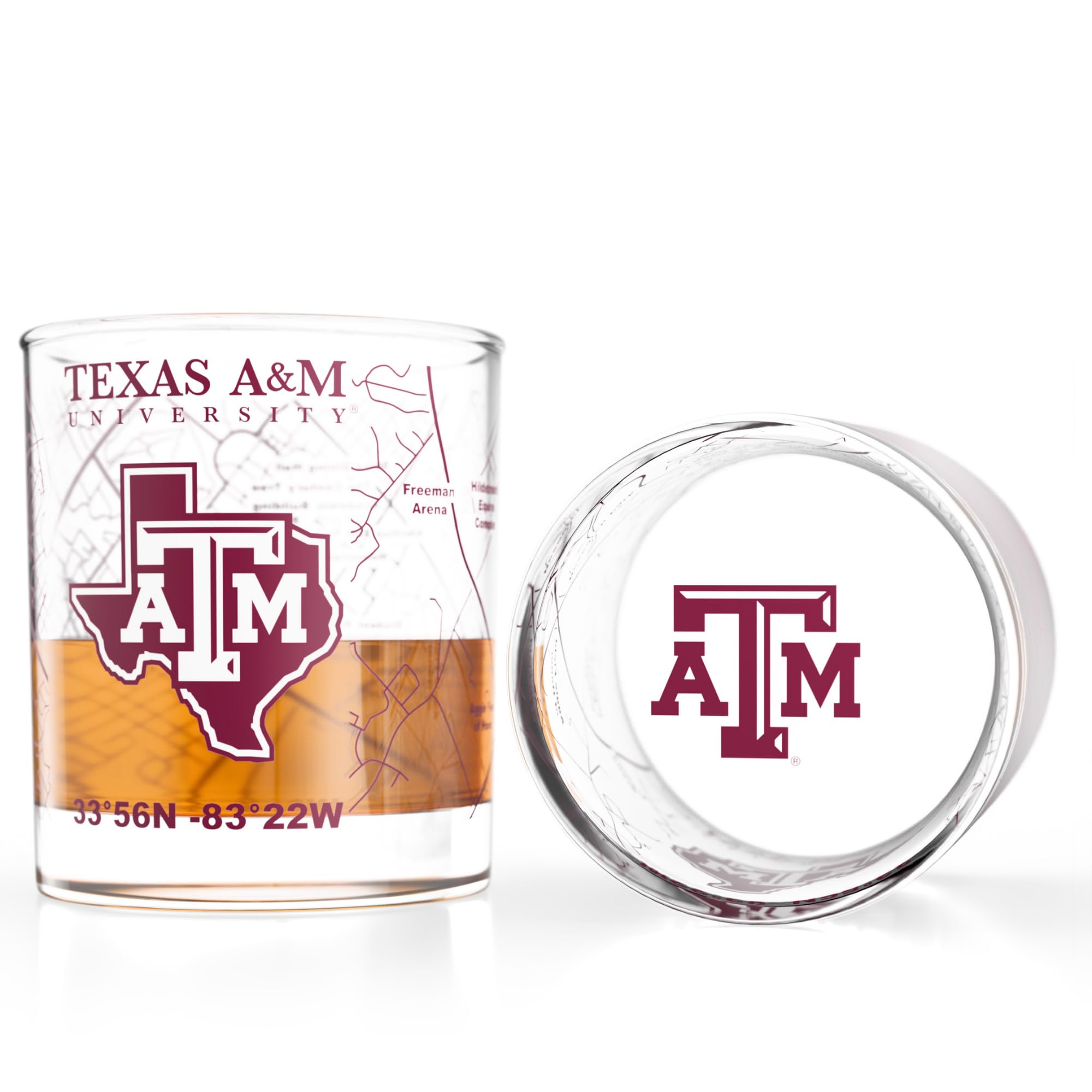 Greenline Goods University of Texas A&amp;M Aggies Whiskey Glasses Set of 2, 10 oz Rocks Glasses with Full-Color Logo &amp; Campus Map – Officially Licensed Bourbon Glass Gift for Alumni &amp; Fans