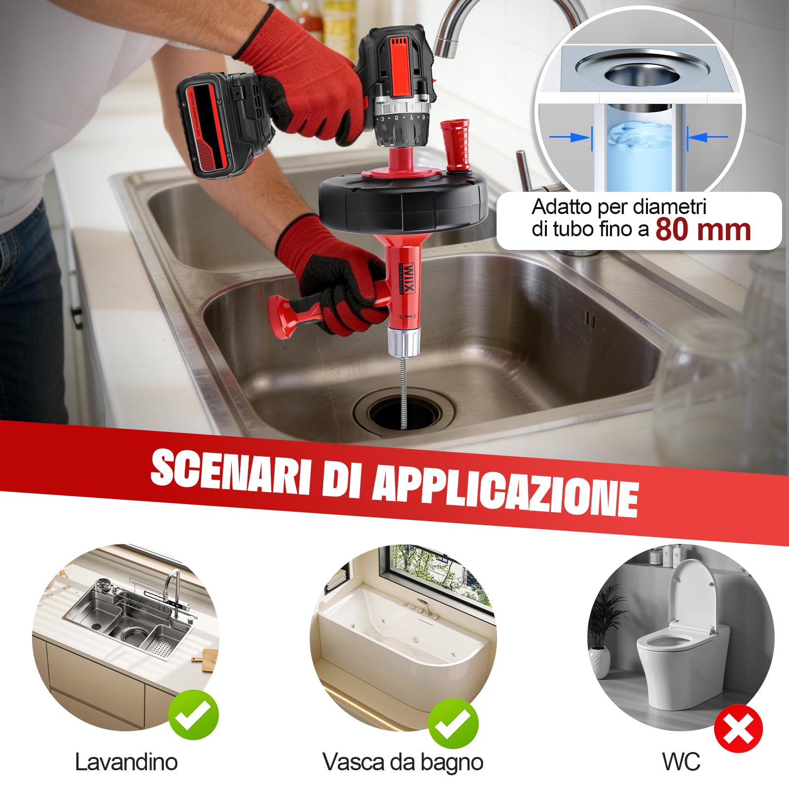 XIIW Sonda Sturatubi 2 in 1 Manuale/Elettrico | Spirale 9.5m | Adattatore per Trapano | Pulitore Scarichi per Lavandini, Box Doccia, Cucina e Pavimento – Include Guanti, Occhiali, Borsa Trasporto | Spulitore a spirale per scarichi intasati, ecologico, a s