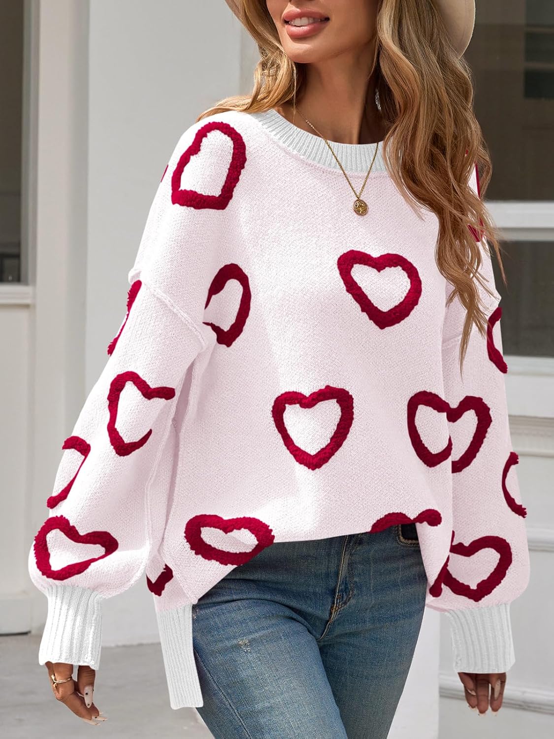Saodimallsu Womens Heart Sweater Valentines Oversized Cute Winter Chunky Knit Crew Neck Side Slit Pullover Sweaters - Image 3