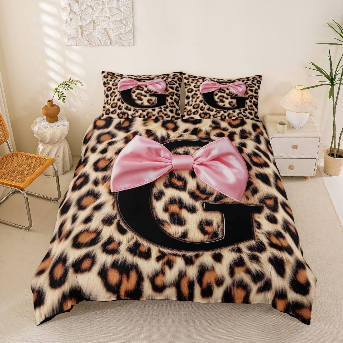 Housse de couette 220x240 cm léopard rose imprimé parure de lit 2 personnes avec fermetures