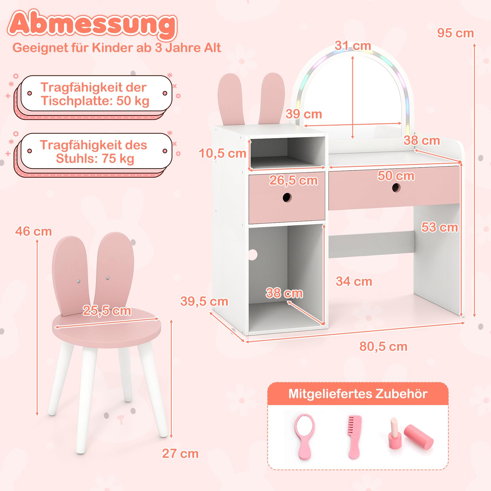 COSTWAY Kinder Schminktisch mit Beleuchtung, Frisiertisch mit bunten LED-Lichtern & Hocker, Kinderschminktisch mit 2 Schubladen, offenen Fächern, Kosmetiktisch für Mädchen ab 3 Jahren (Weiß+Rosa)