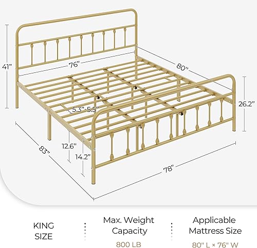 Miniatura 2 de Topeakmart Marco de cama de metal de estilo victoriano tamaño King con cabecero, base de colchón, no necesita somier, almacenamiento debajo de la
