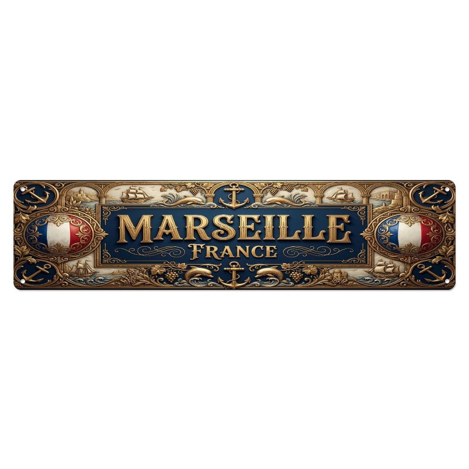 Vintage Marseille France Flag Pattern Metal Tin Sign