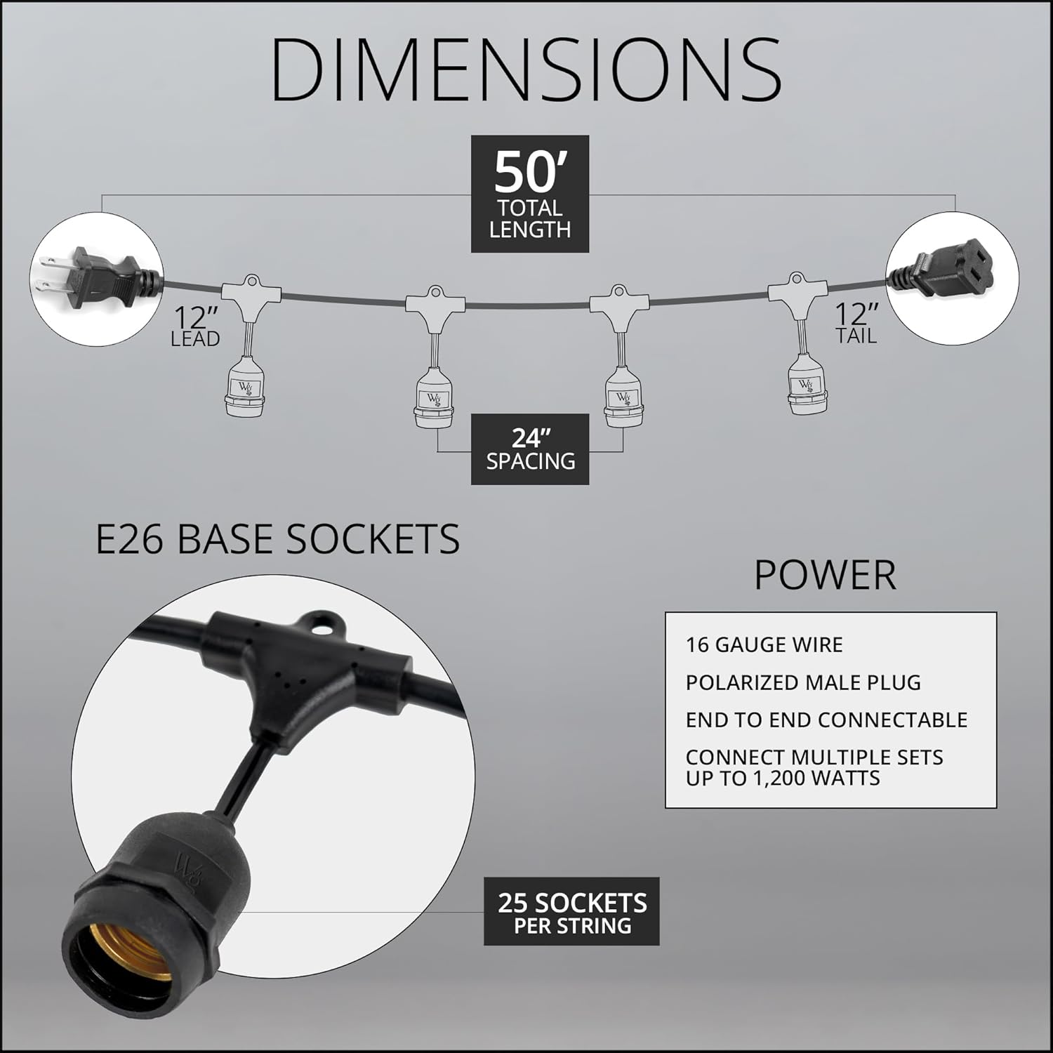 50-ft 25 Suspended Sockets E26 Commercial Patio Light Stringer, Heavy Duty Weatherproof SJTW Black Wire, 24" Spacing, 16 AWG, Cord Only