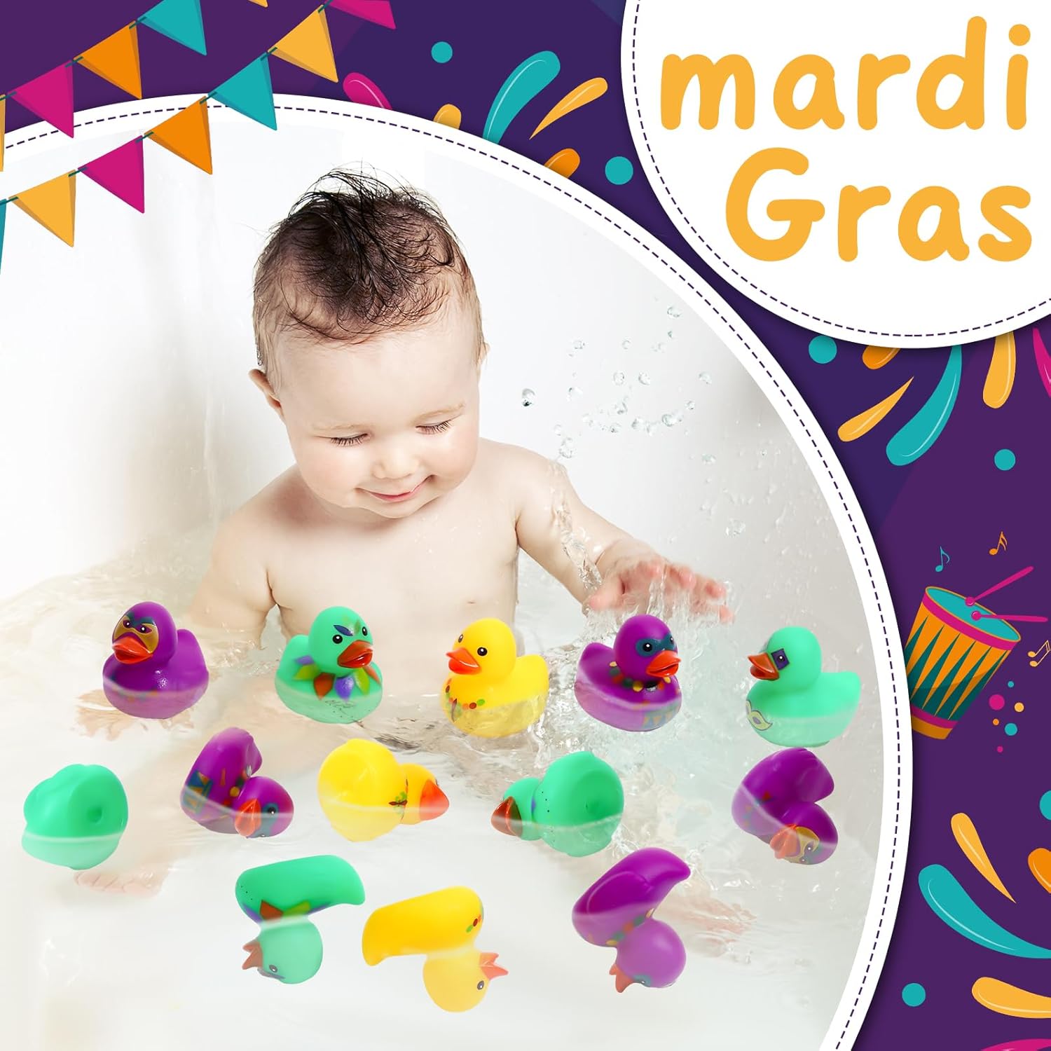 40 Pcs 2 Inch Mardi Gras Rubber Ducks Bulk Tiny Yellow Green Purple Duck Mini Rubber Ducky for Mardi Gras Carnival Themed Party Favors Baby Shower Pool Decoration, 5 Styles