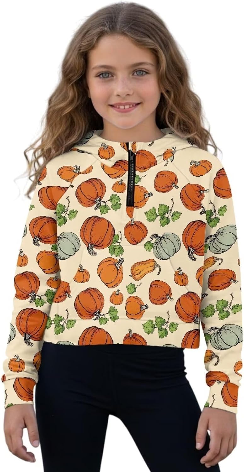 Girls Hoodies Long Sleeve Half Zip Up Stand Collar Cropped Pullover Sweatshirts With Pockets