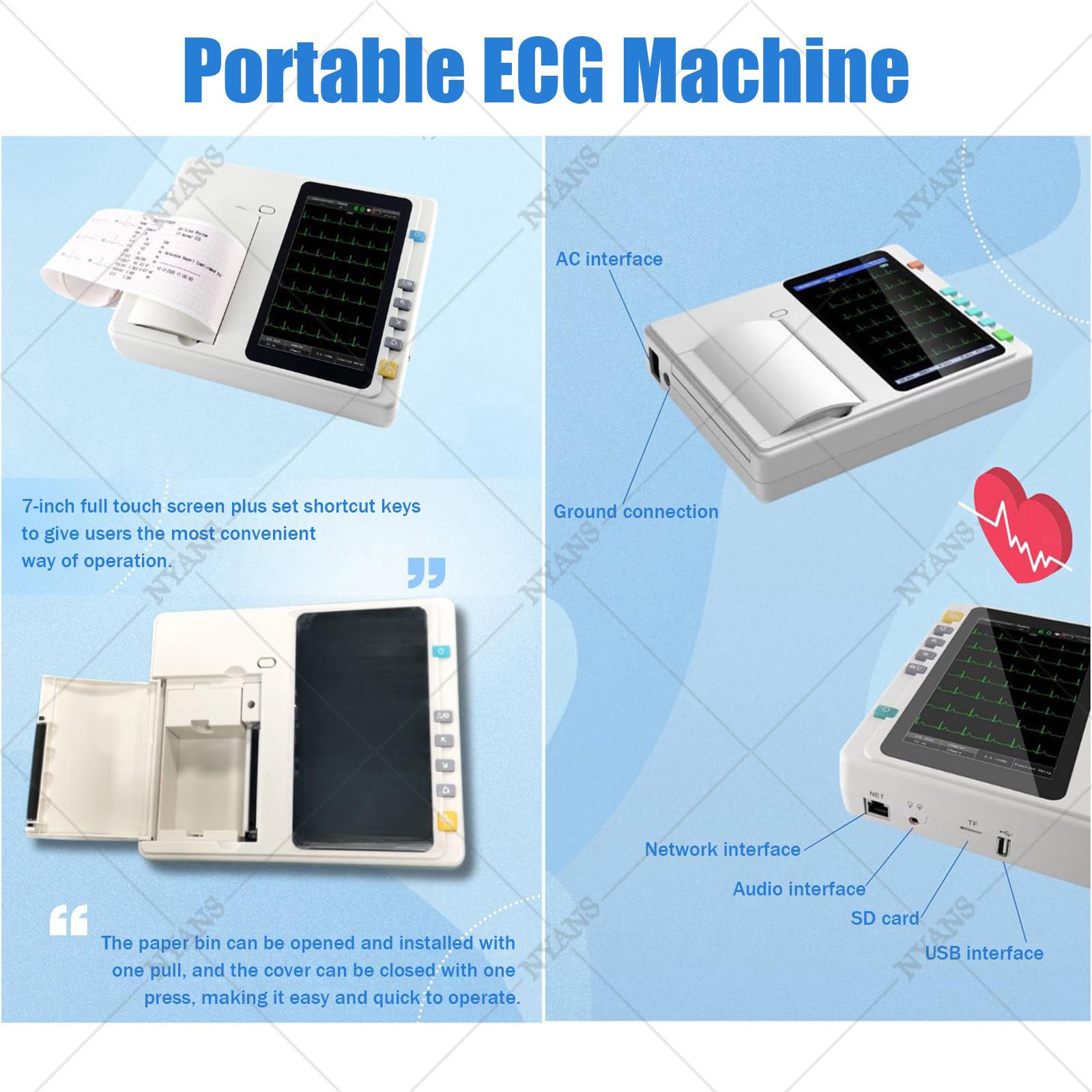 NYANS Monitor Cardiaco ECG Portatile con Schermo LCD a Colori da 7 Pollici, 12 Derivazioni, 3 Canali, per Il Monitoraggio dei Parametri Vitali