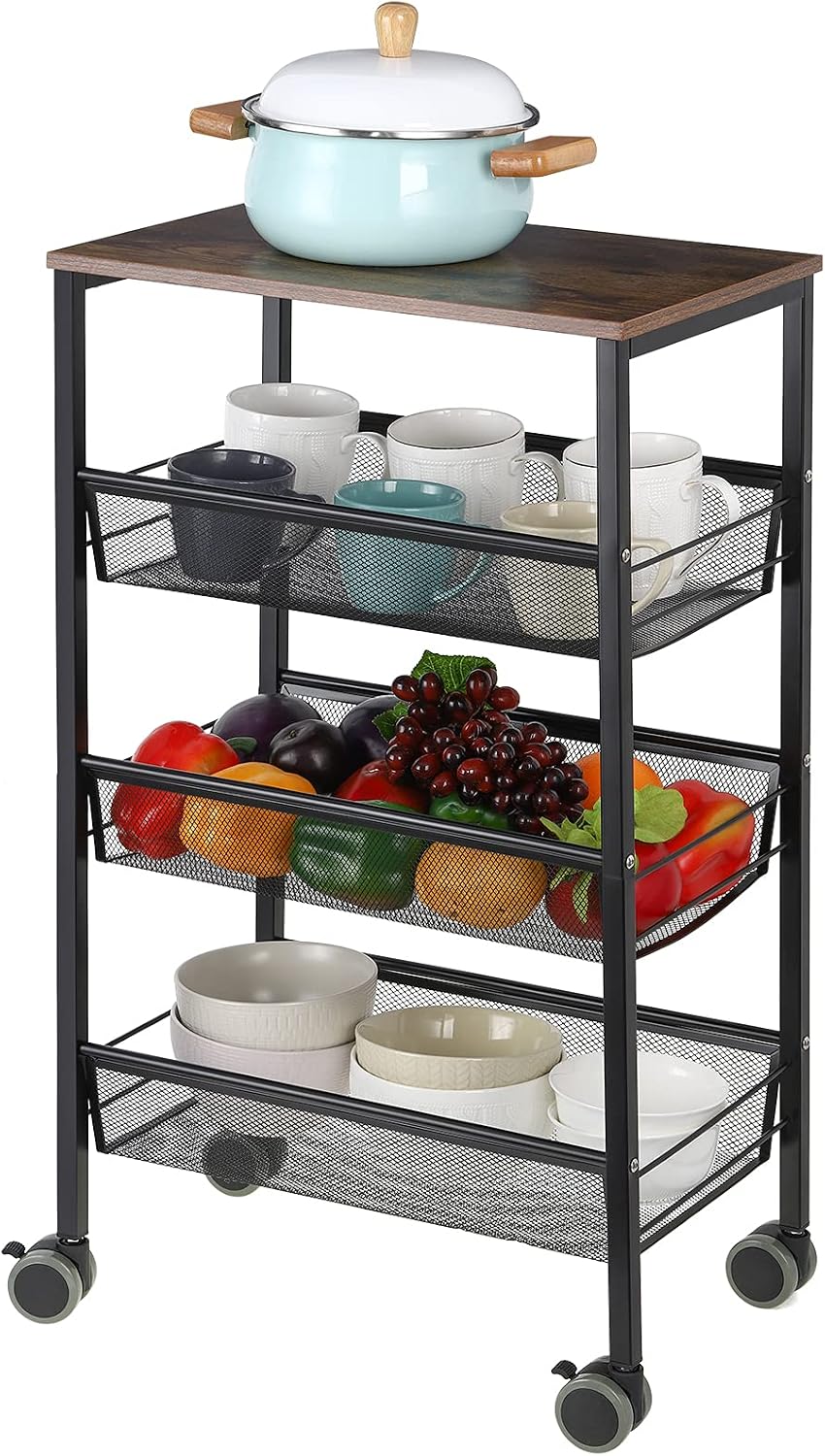 NEX Rustic Kitchen Cart on Wheels, 3-Tier Wire Storage Cart, Wood Look Top and Metal Frame, Black