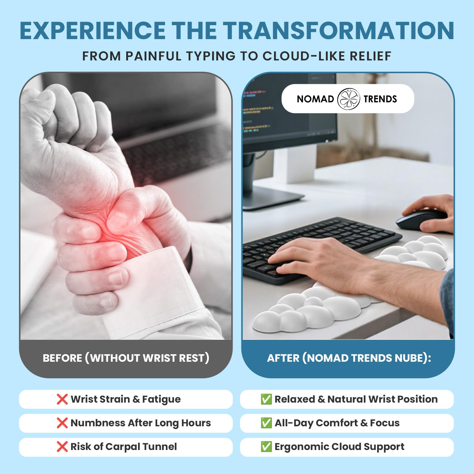 NomadTrends Cloud Keyboard Wrist Rest - Ergonomic Memory Foam Support For Typing & Gaming