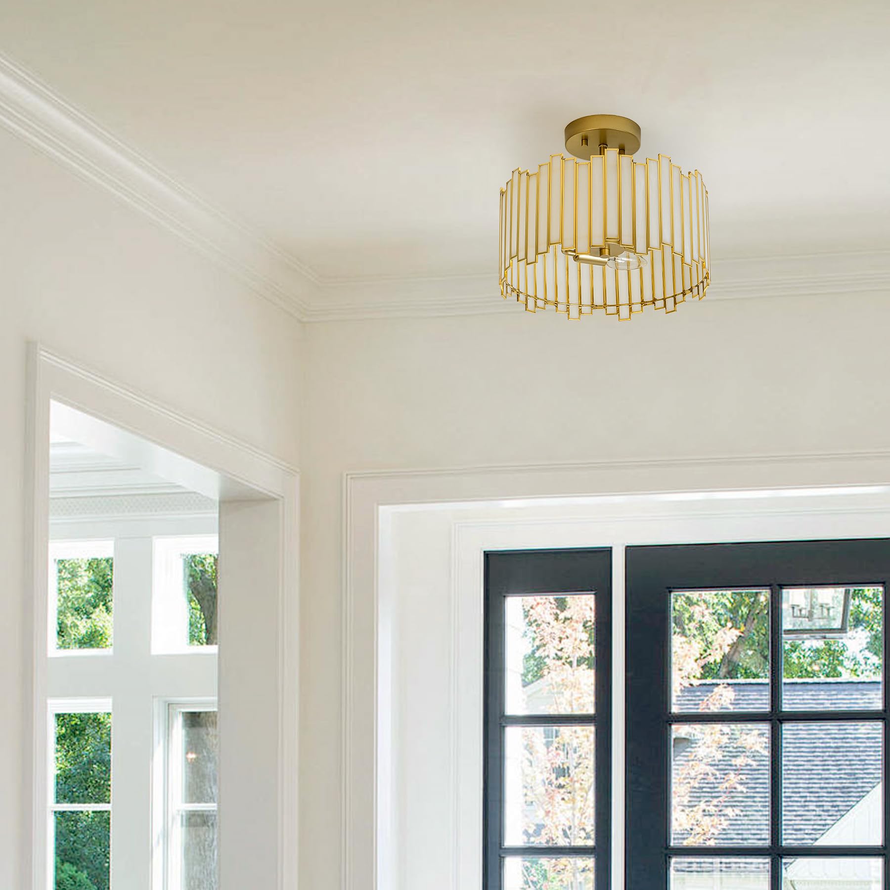 Wrlmfy Gold Ceiling Light Fixture Drum Shape, 12.5” Modern Semi