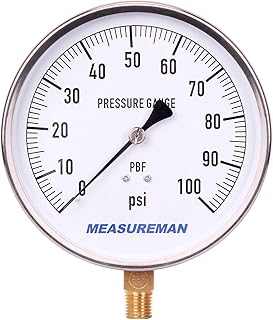 MEASUREMAN 304 Stainless Steel Case,Contractor Pressure Gauge, 0-100Psi, 4-1/2" Dial Size, 1% Accuracy, 1/4" NPT Lower Mount