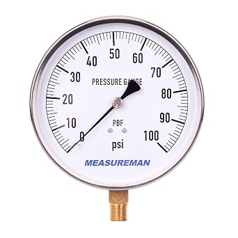 هيكل من الفولاذ المقاوم للصدأ MEASUREMAN 304 ، مقياس ضغط المقاول ، 0 -100Psi ، 4 - 1 / 2 & quot؛ حجم الطلب ، 1٪ الدقة ، 1 / 4 & quot؛ جبل أقل