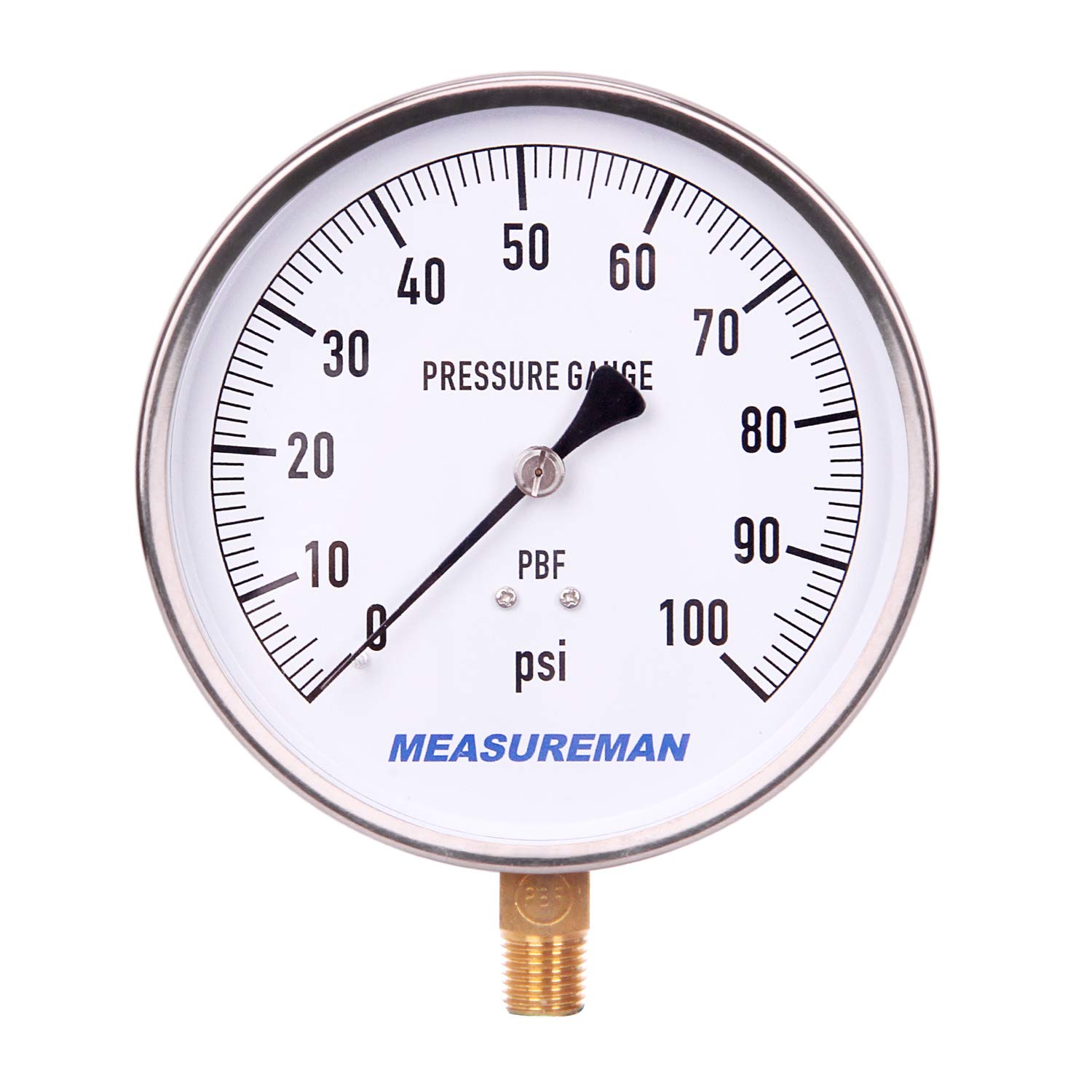 MEASUREMAN 304 Stainless Steel Case,Contractor Pressure Gauge, 0-100Psi, 4-1/2" Dial Size, 1% Accuracy, 1/4" NPT Lower Mount