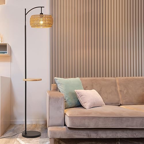 Miniatura 7 de Lámpara de pie bohemia, lámpara de pie de ratán con estante, mimbre de bambú bohemio, costera, rústica, tejida de madera tropical, lámpara de pie