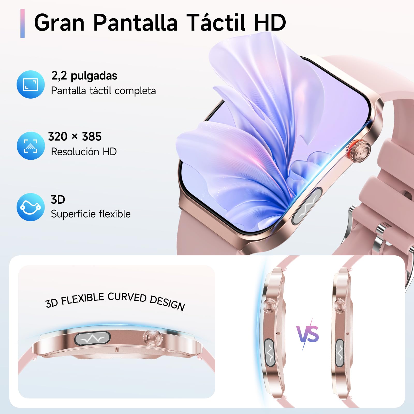2026 ECG+HRV Reloj Inteligente Mujer con BMI/Tension Arterial/Microchequeo, 2.2'' Pantalla Curva 3D Ultragrande Smartwatch con 24H Pulsómetro, Temperatura Corporal, Sueño, iOS Android
