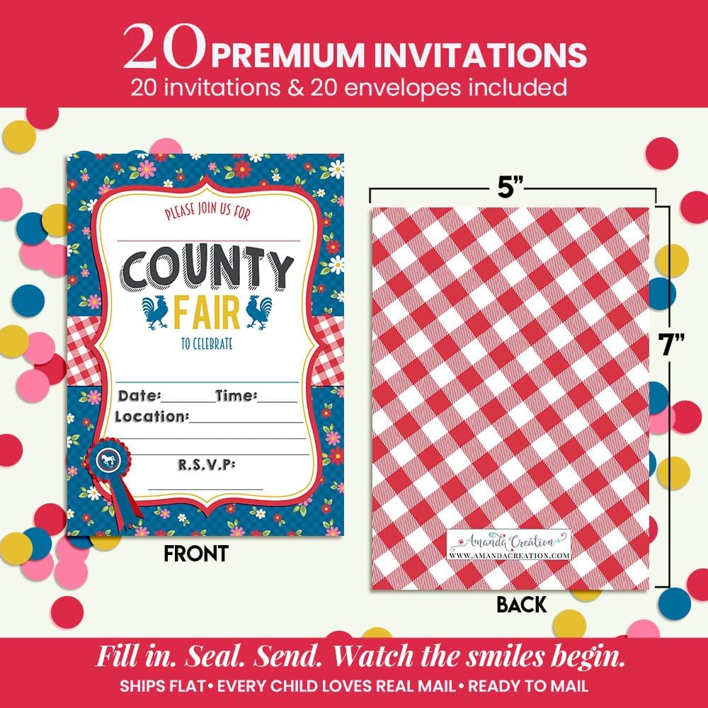Amanda Creation County Fair with a Roosters Birthday Party Fill In Invitations set of 20 with envelopes. Perfect for Summer parties, graduation, family reunions, barbeques and more