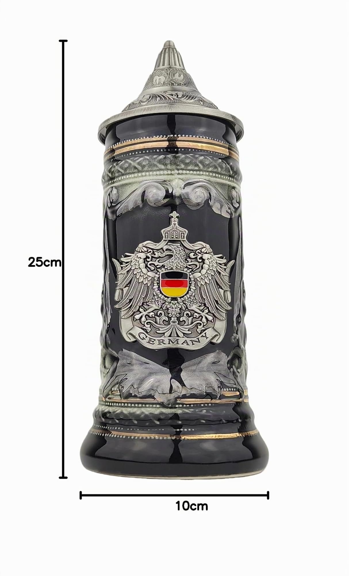 Bierkrug mit Deckel 0,7L – Klassischer Steinkrug mit Spitzdeckel & Metallmontur – Deutschland-Motiv – Geschenkidee für Männer, Vater & Bierliebhaber (Schwarz)