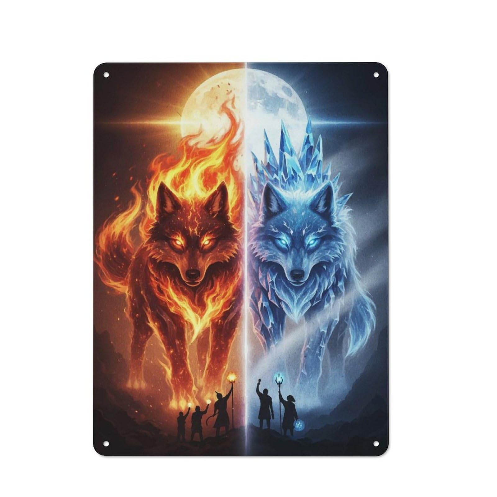 Tin Wall Plaque 40x30cm with Fire And Ice Wolves Fantasy Art for Living Room Or Hallway, A Decorative Christmas Gift for Home Wall Decor Collectors