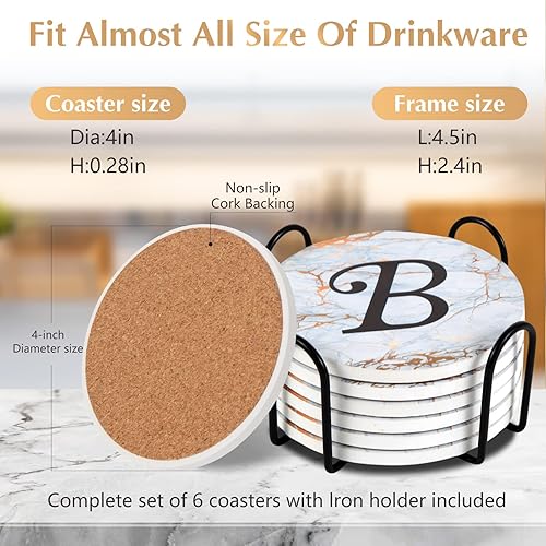 Miniatura 2 de Posavasos con monograma para absorbentes de bebidas con soporte, juego de 6 posavasos de cerámica estilo mármol con base de corcho, posavasos