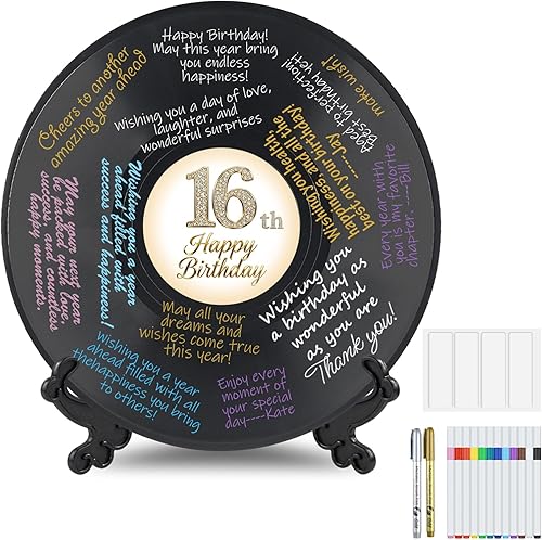 Miniatura 8 de 1 libro de invitados de vinilo retro de cumpleaños para fiesta, tablero de registro con 14 bolígrafos y 1 calcomanías decorativas, decoración de