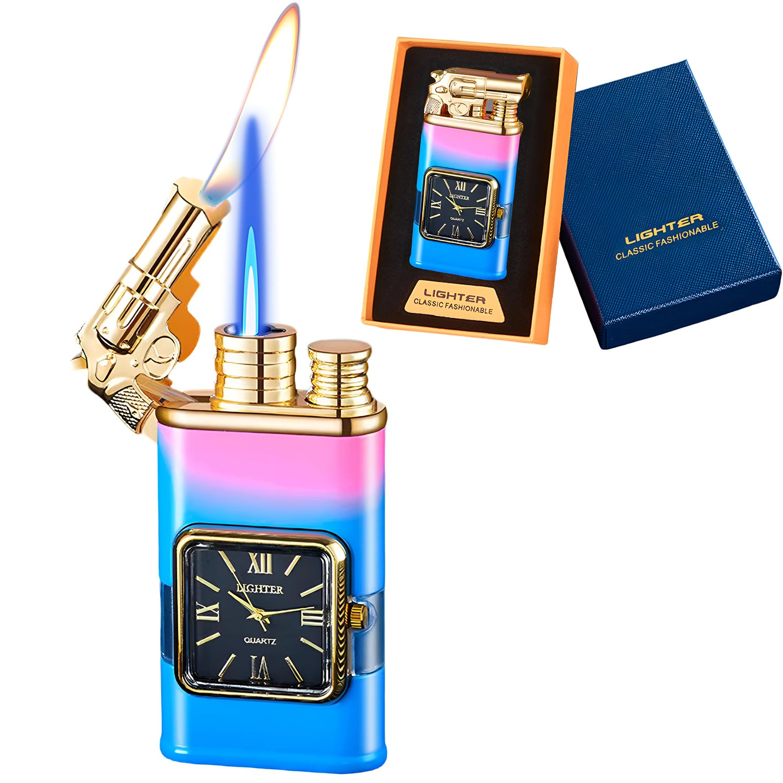 Torch Lighter, Magic Dual Flame Lighter with Portable Size, Windproof Lighter with Visible Fuel Tank, Adjustable Flame Refillable Butane Lighter for Men Women Friends Gifts (Without Butane)-Gradient-g