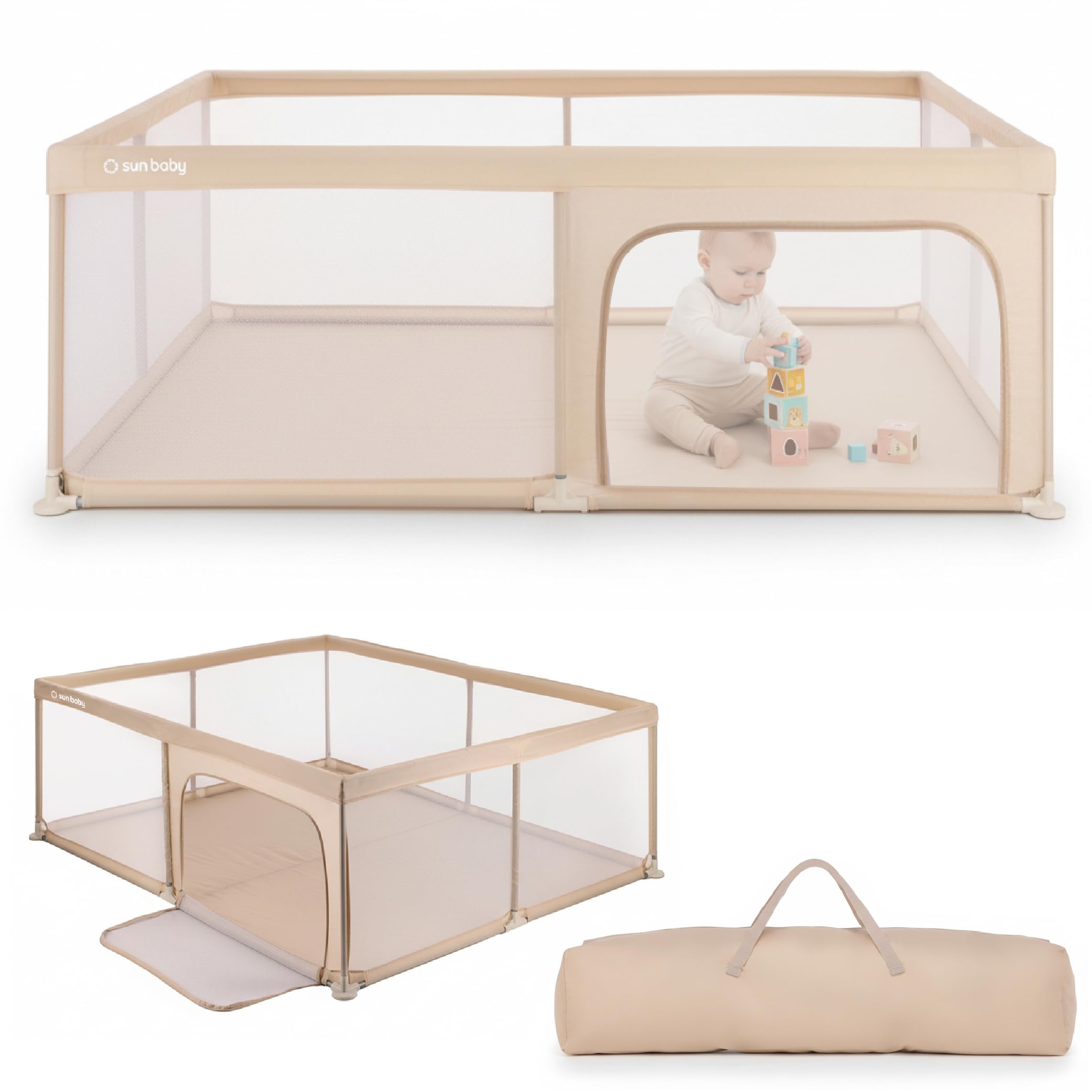 sun baby Parc Enfant 150x200 cm 0-2 ans Beige, polyester, parois en filet, entrée zippée, pieds antidérapants, sac de transport inclus, cadre en métal