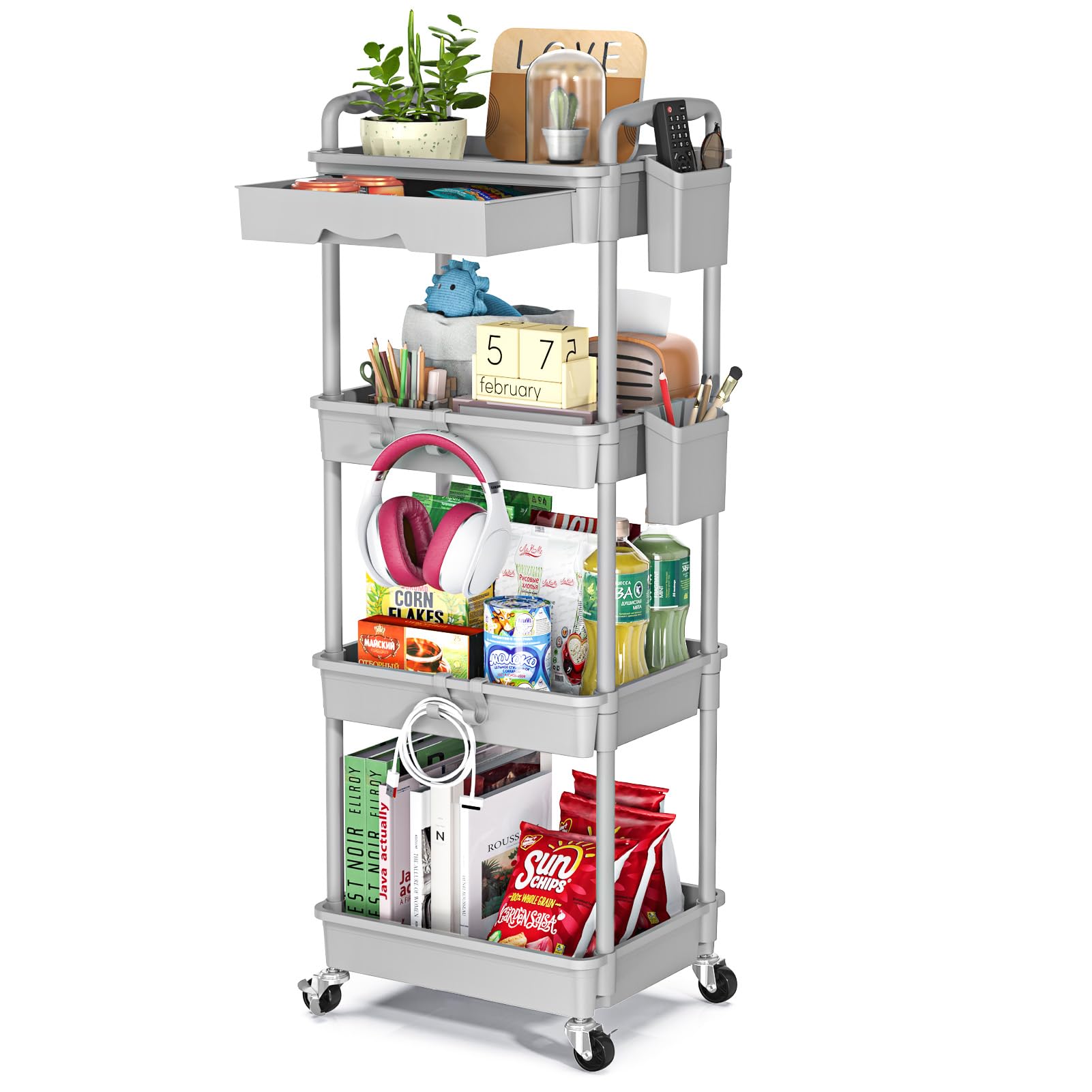 4 Tier Rolling Utility Cart with Drawer, Storage Organizer Cart with 2 Lockable Wheels, Multifunctional Rolling Storage Cart for Bathroom, Kitchen, Craft, Makeup, Baby Essentials, Gray